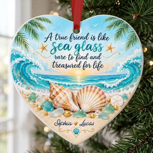 Heart ceramic ornament with beach sunset, palm trees, shells, sea glass, starfish, and a friendship quote.