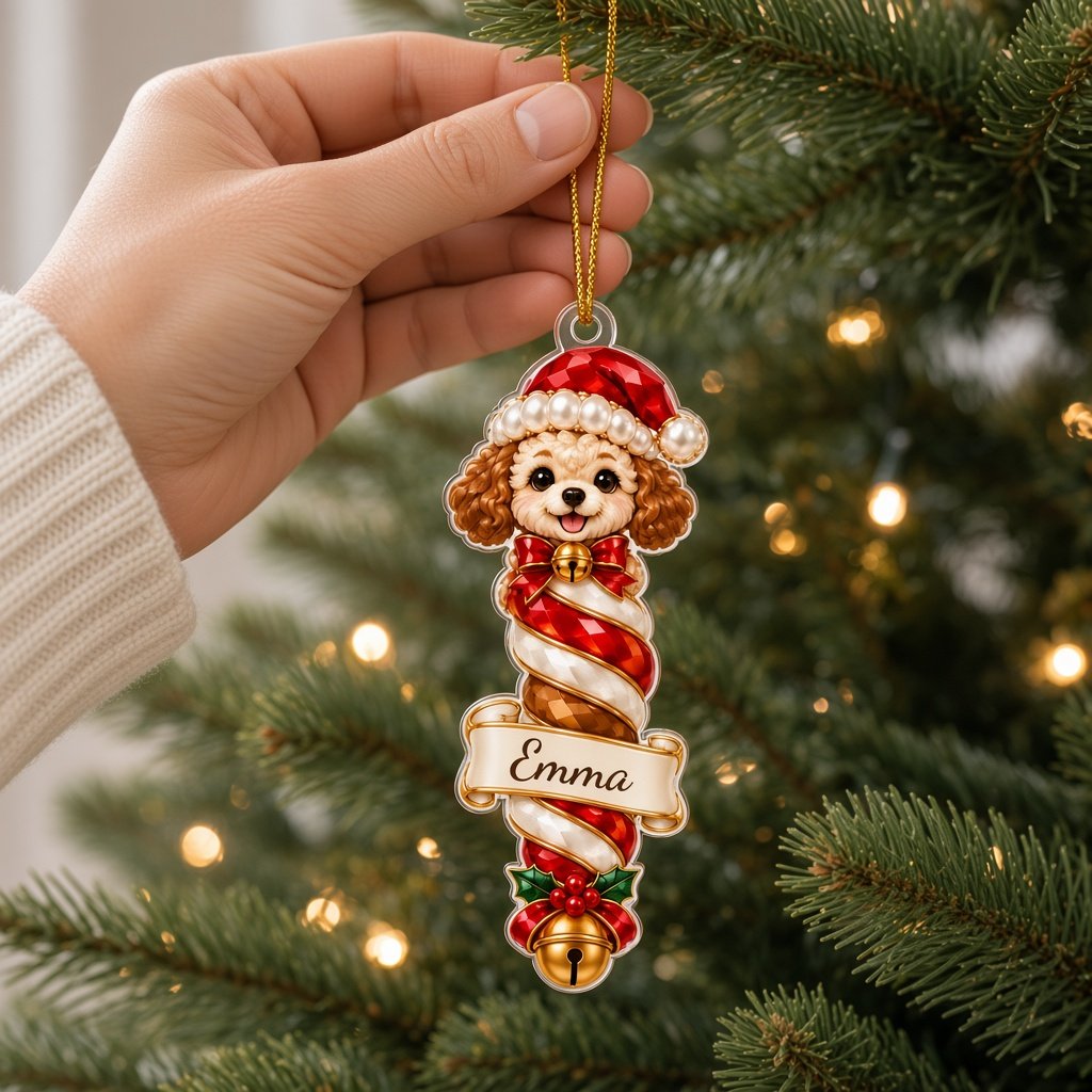 Acrylic ornament with cat, dog, owl, bunny or fox atop spiral columns and a cream-gold scroll banner for a name.