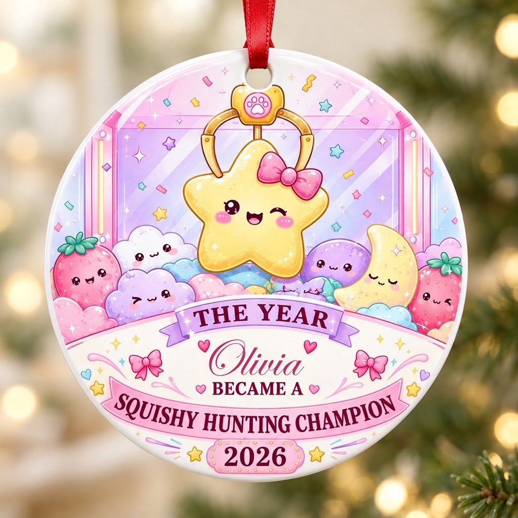 Round ceramic ornament with a claw machine and winking star, personalized with a name and year in pastel colors.