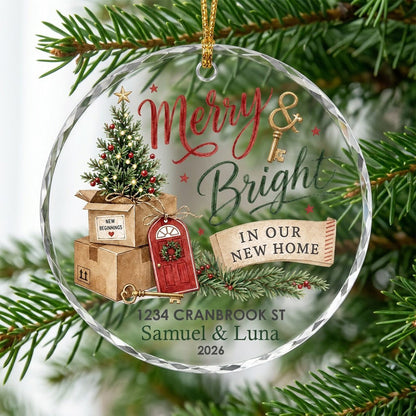 Personalized Merry & Bright In Our New Home Moving Boxes Round Glass Ornament