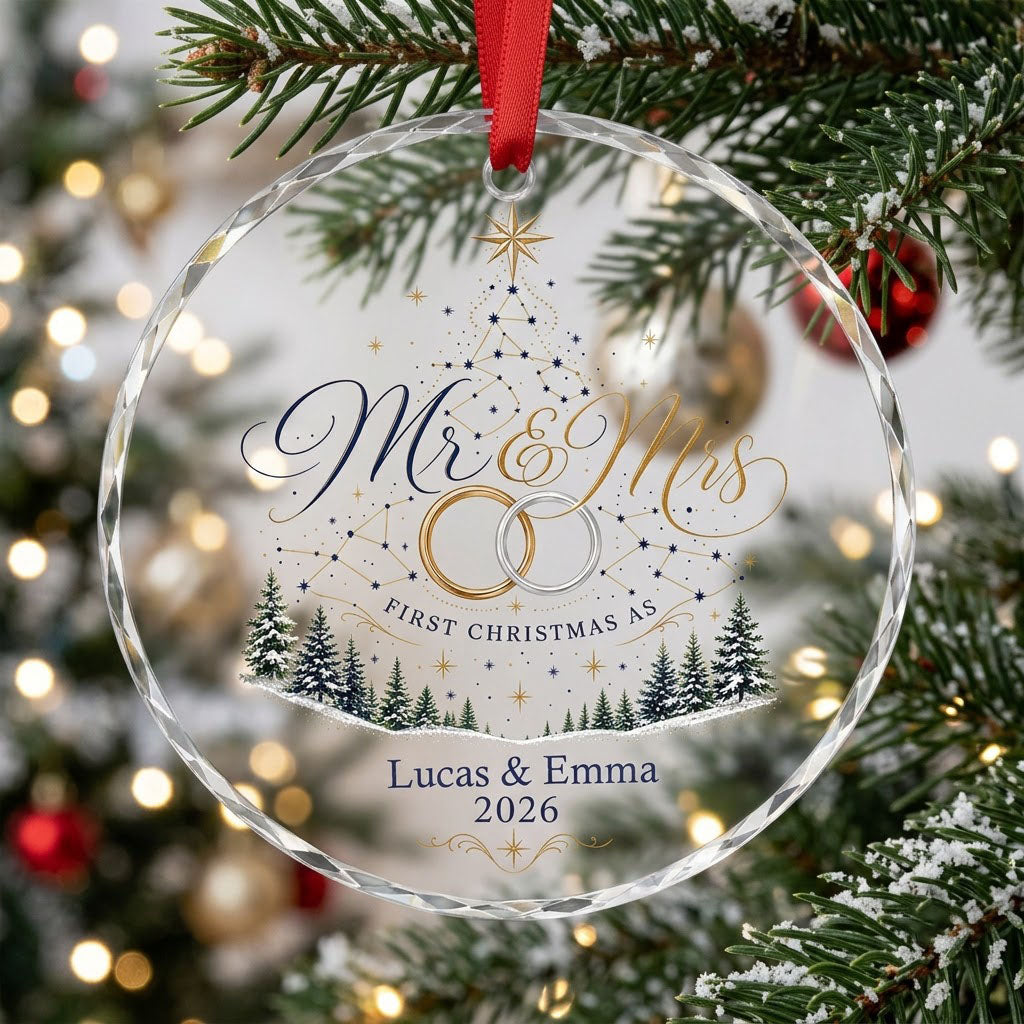 Personalized First Christmas as Mr & Mrs Constellation Tree Round Glass Ornament