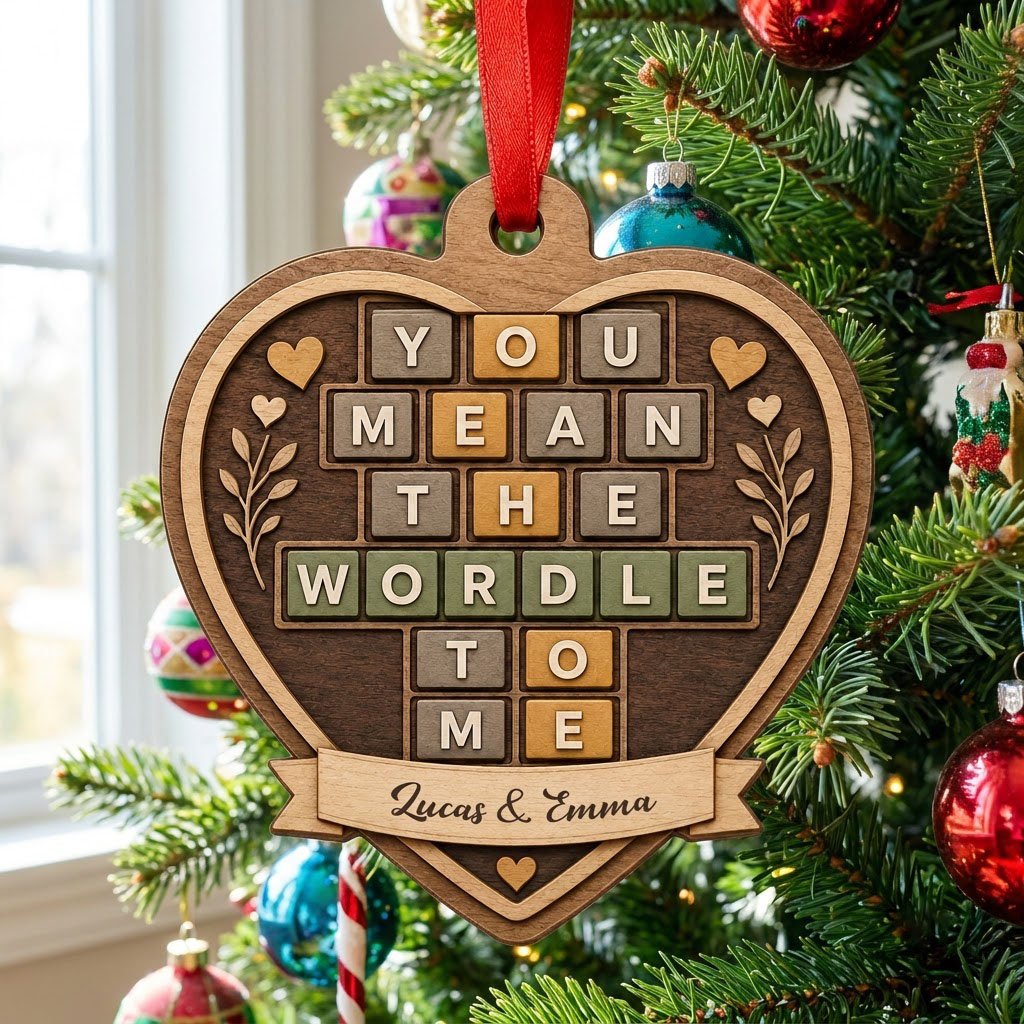 Heart-shaped wood ornament with Wordle-style tiles reading You Mean The Wordle To Me and names on a bottom banner.