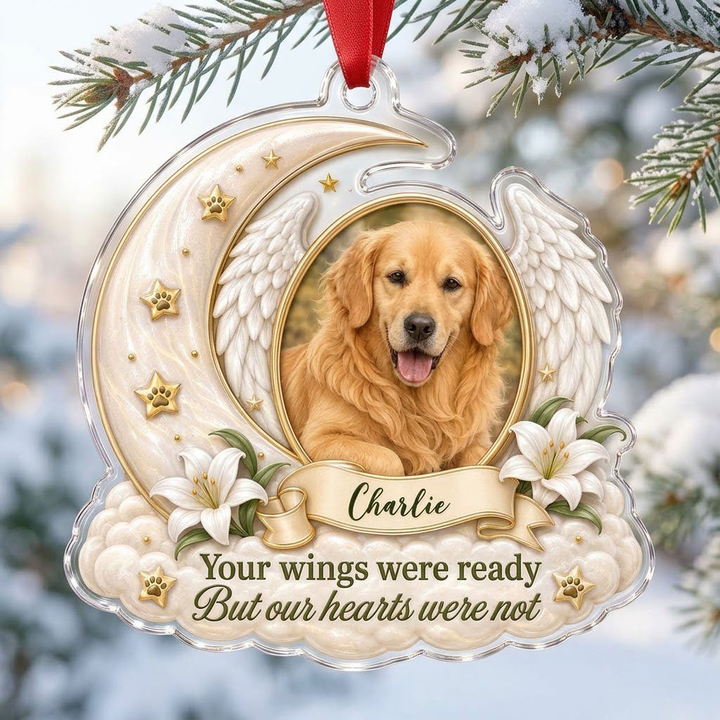 Crescent moon and angel wings acrylic ornament with oval pet photo, paw-print stars, white lilies, clouds, and a name ba