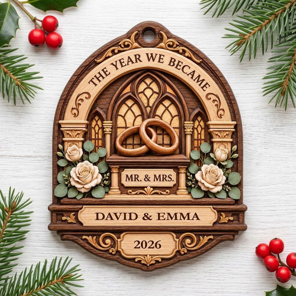 Arch-shaped wood ornament with window frame, wedding rings, roses, personalized with names and year.