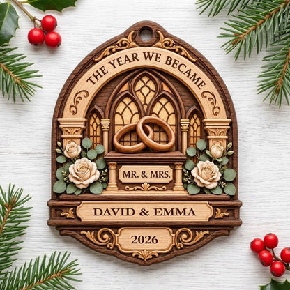 Arch-shaped wood ornament with window frame, wedding rings, roses, personalized with names and year.