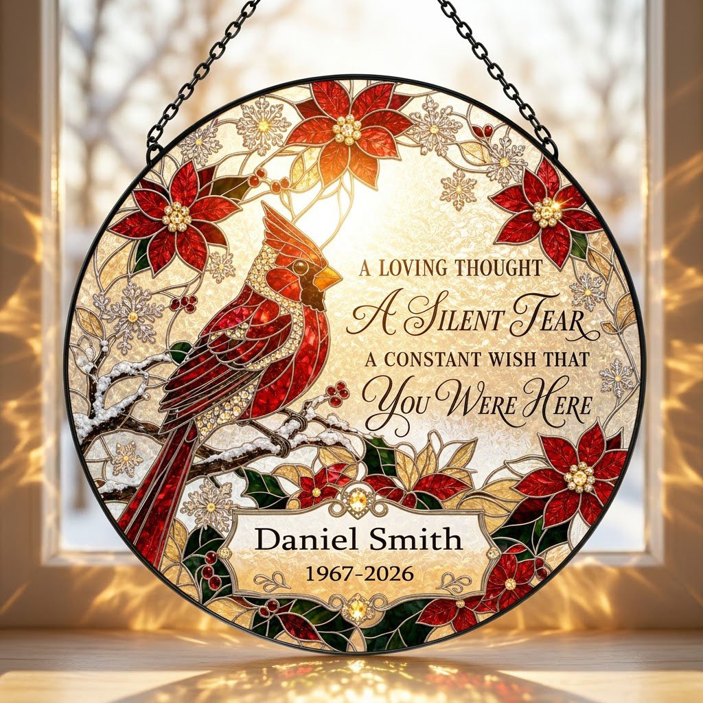 Personalized Red Cardinal Poinsettia A Silent Tear Memorial Stained Glass Round Suncatcher