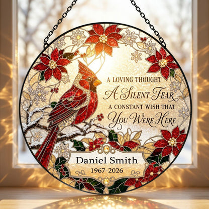 Personalized Red Cardinal Poinsettia A Silent Tear Memorial Stained Glass Round Suncatcher