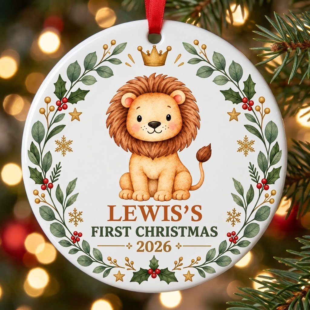 Round ceramic ornament with a cute crowned lion inside a festive wreath of green leaves, red berries, stars and snowflak