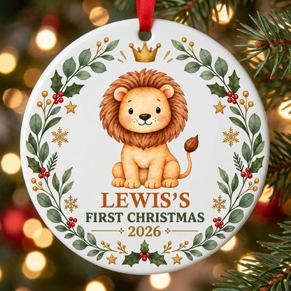 Round ceramic ornament with a cute crowned lion inside a festive wreath of green leaves, red berries, stars and snowflak