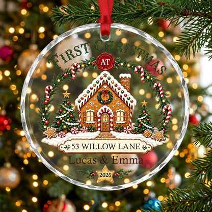 Personalized First Christmas at New Home Gingerbread House Round Glass Ornament