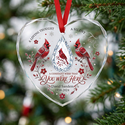 Personalized Red Cardinals Crystal Teardrop Memorial Heart Glass Ornament