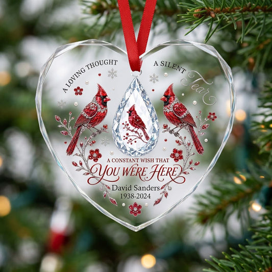 Personalized Red Cardinals Crystal Teardrop Memorial Heart Glass Ornament