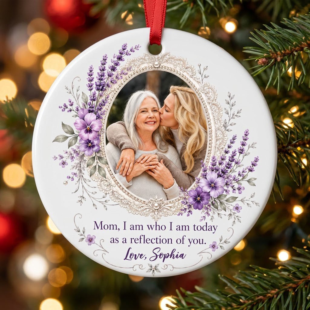 Round ceramic ornament with oval lace frame, pearls, purple pansies and lavender surrounding a photo and mom quote.
