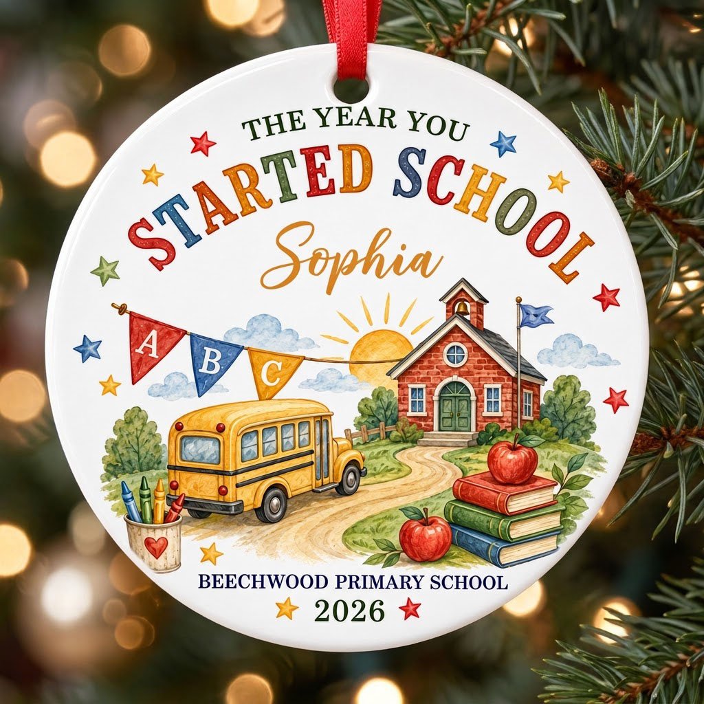 Round ceramic ornament with watercolor school bus, red brick schoolhouse, ABC bunting, books, apples, and colorful stars