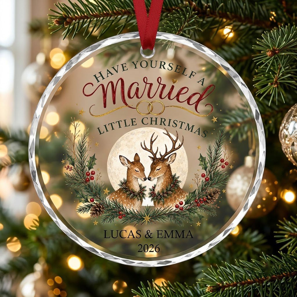 Personalized Have Yourself A Married Little Christmas Deer Round Glass Ornament