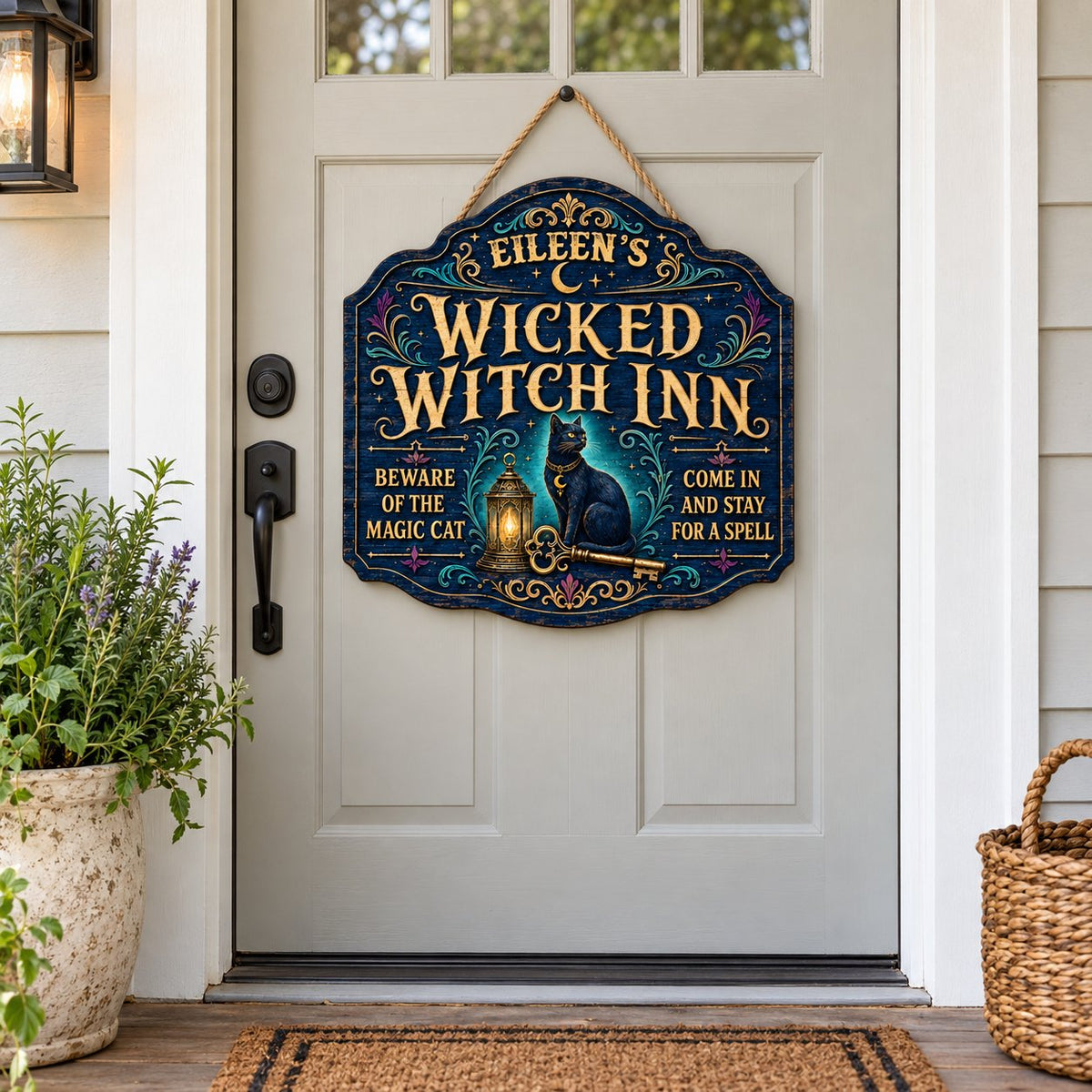 Custom-cut wooden sign with black cat, glowing lantern, golden key, crescent moons, stars, and Wicked Witch Inn text
