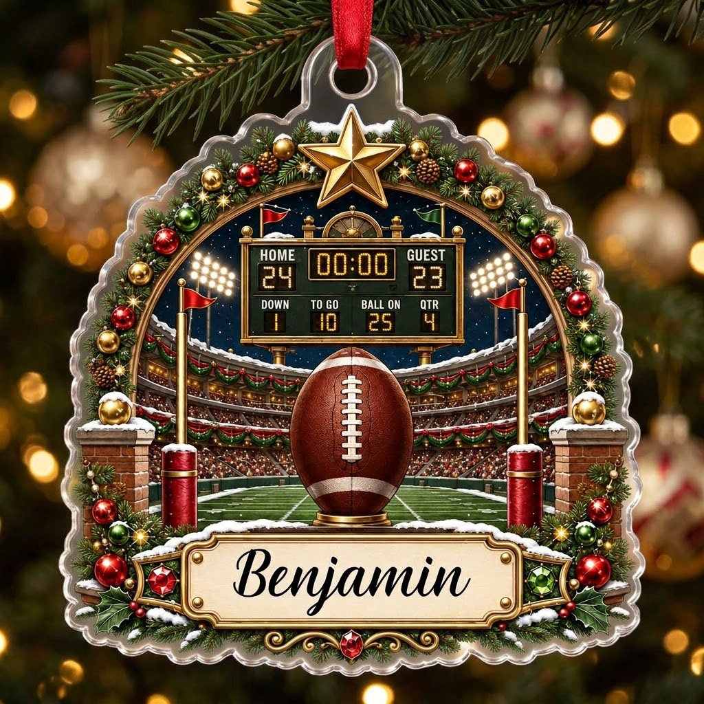 Acrylic ornament with football on a tee, stadium scoreboard, and pine garland border with a name banner.