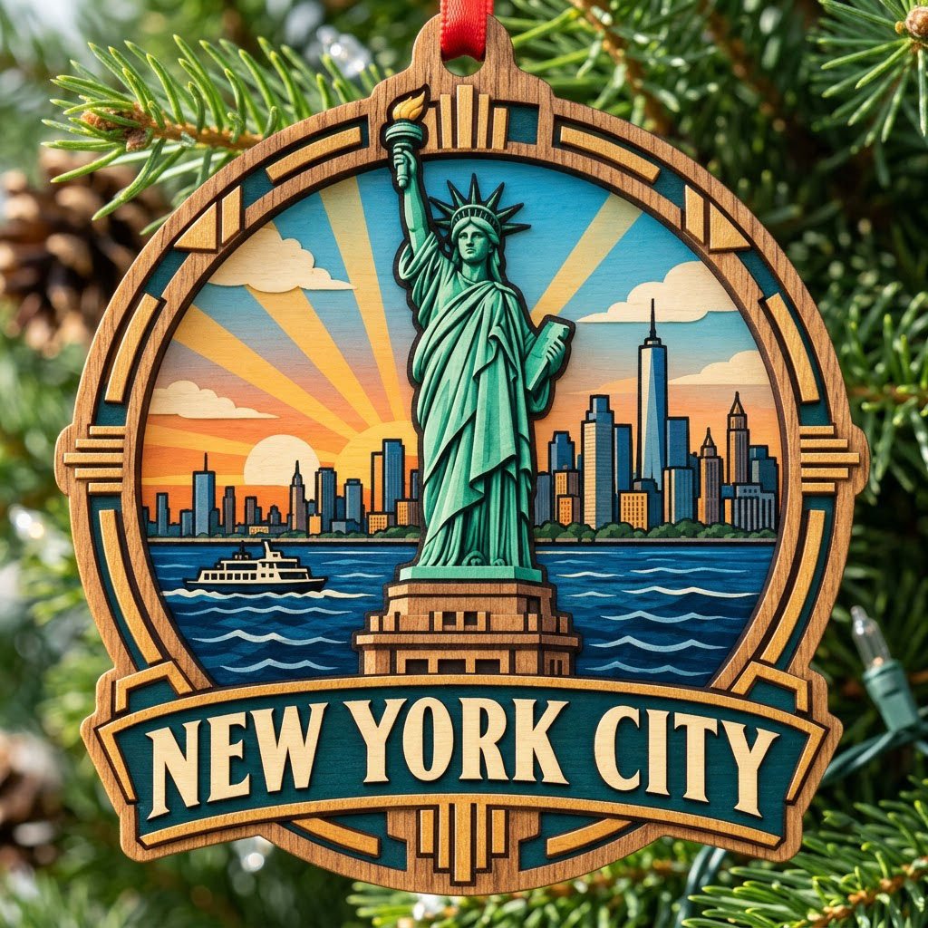 Wood ornament with Statue of Liberty, NYC skyline, ferry and sunrays in an Art Deco frame reading NEW YORK CITY.