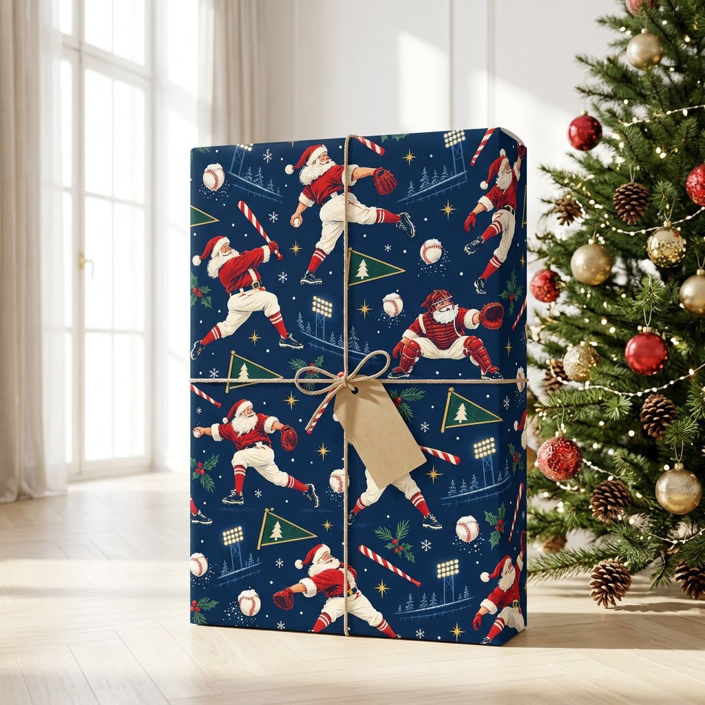 Navy wrapping paper with baseball Santas, candy cane bats, baseballs, pennants, stars and pine sprigs.