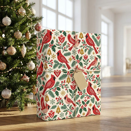 Cream gift wrap with red cardinals, pine and holly, berries, gold bells and snowflakes in a Christmas pattern.