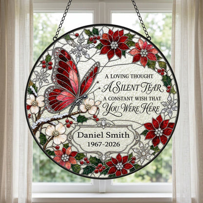Personalized Red Butterfly Poinsettia A Silent Tear Memorial Stained Glass Round Suncatcher