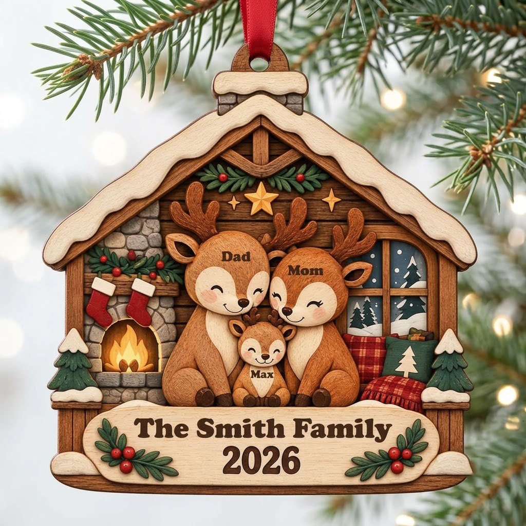 House-shaped wood ornament with deer family by a fireplace and snowy window, personalized with names and year.