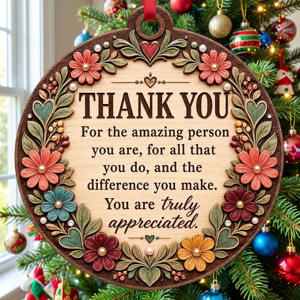 Round wood ornament with carved-look floral border and THANK YOU appreciation message in the center.