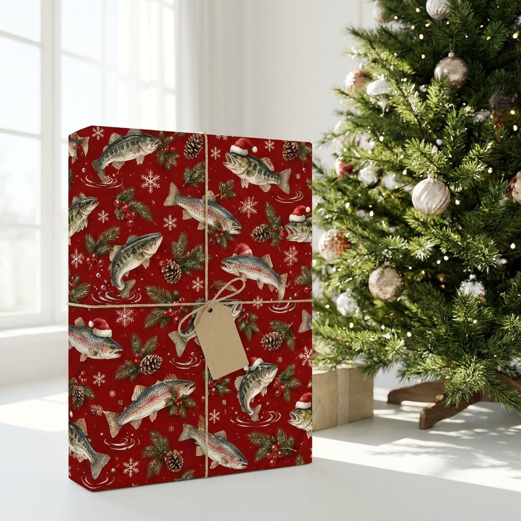 Red Christmas wrapping paper with largemouth bass and rainbow trout, some in Santa hats, pine branches, pinecones, berri