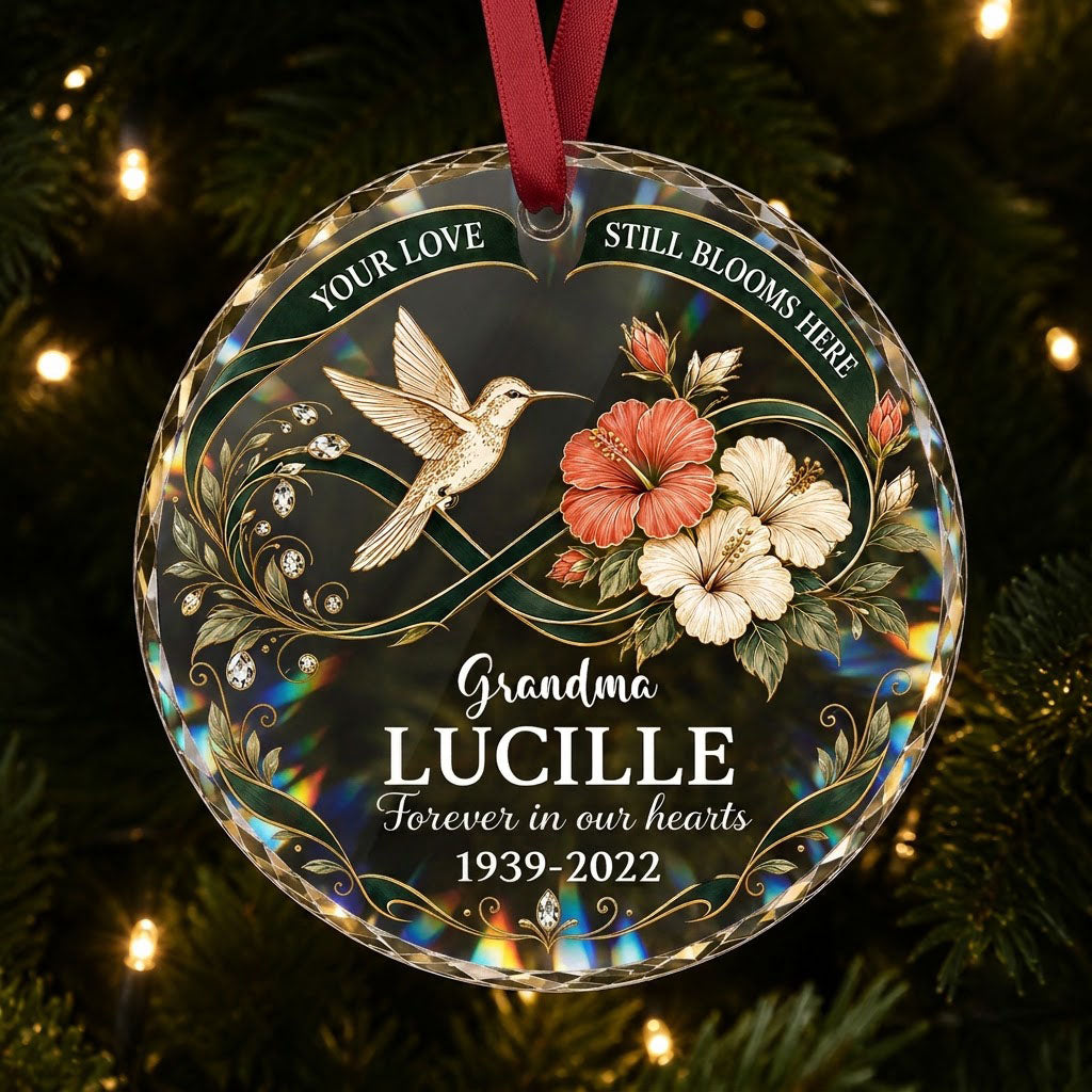 Round glass ornament with hummingbird, hibiscus, green infinity ribbon, and 'Your Love Still Blooms Here' text.