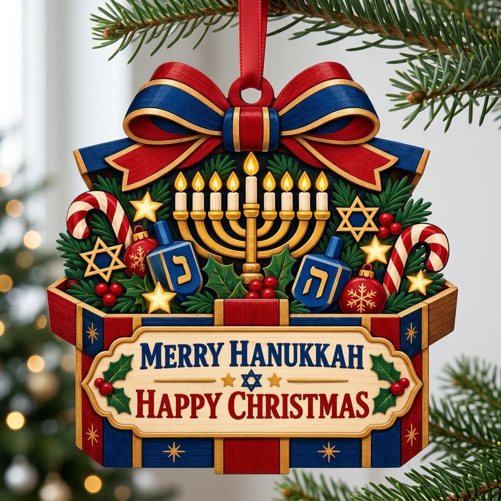 Gift box-shaped wood ornament with menorah, dreidels, candy canes, holly, stars, and Merry Hanukkah Happy Christmas text