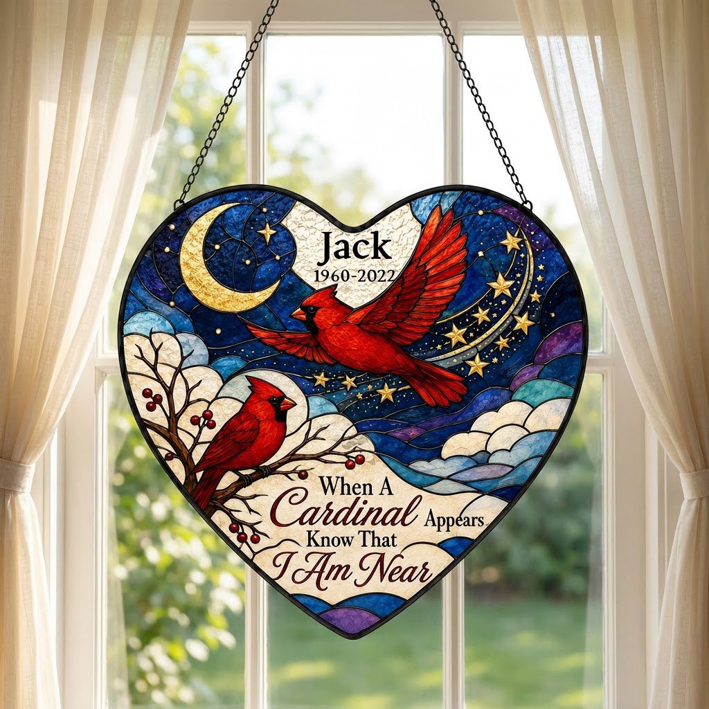 Heart stained-glass suncatcher with two red cardinals, a crescent moon, stars, and a branch with red berries.