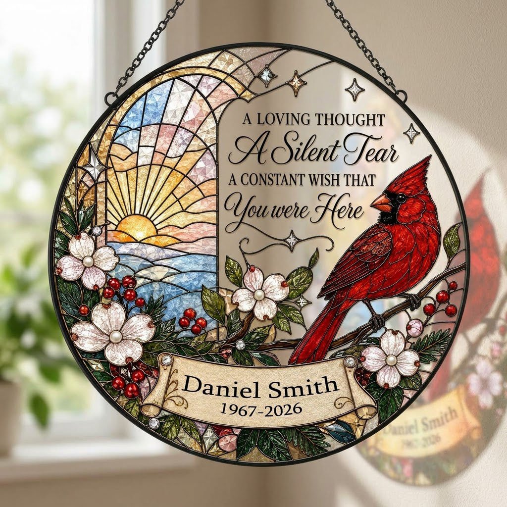 Personalized Red Cardinal Ocean Sunrise A Silent Tear Memorial Stained Glass Round Suncatcher