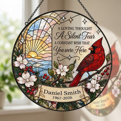 Personalized Red Cardinal Ocean Sunrise A Silent Tear Memorial Stained Glass Round Suncatcher