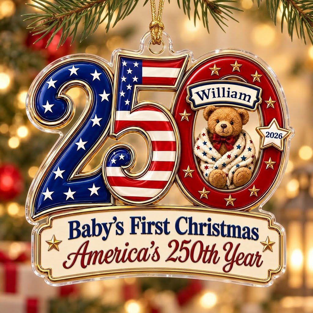 Acrylic ornament shaped like 250 with a teddy bear in the 0 and a gold-trimmed banner for the baby's name and year.