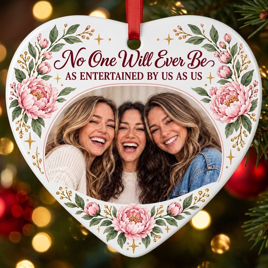 Heart ceramic ornament with a heart-shaped photo of three women, pink peonies, green leaves, and gold sparkles around th