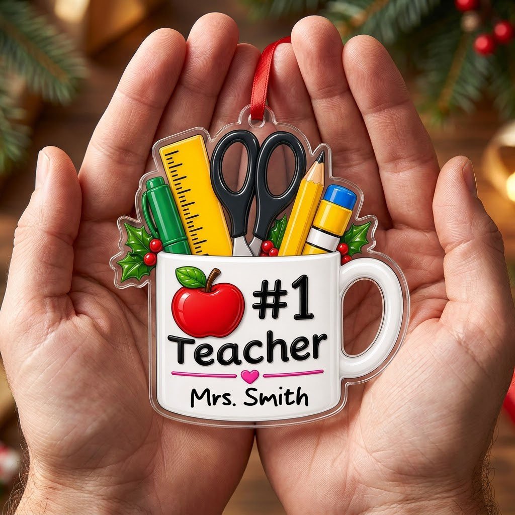 Personalized #1 Teacher Coffee Mug Acrylic Ornament, Custom School Appreciation Keepsake