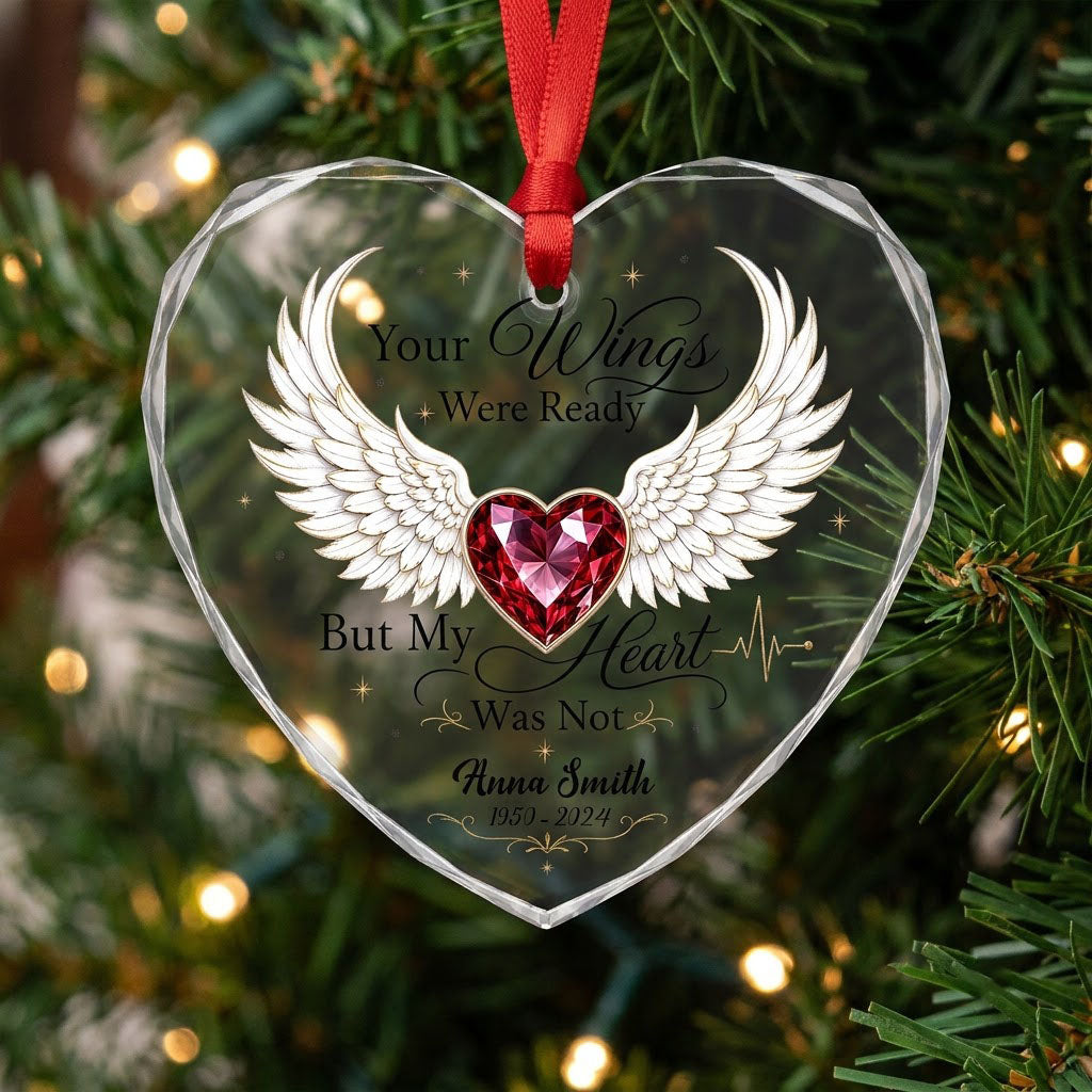 Personalized Angel Wings Memorial Your Wings Were Ready Ruby Heart Glass Ornament