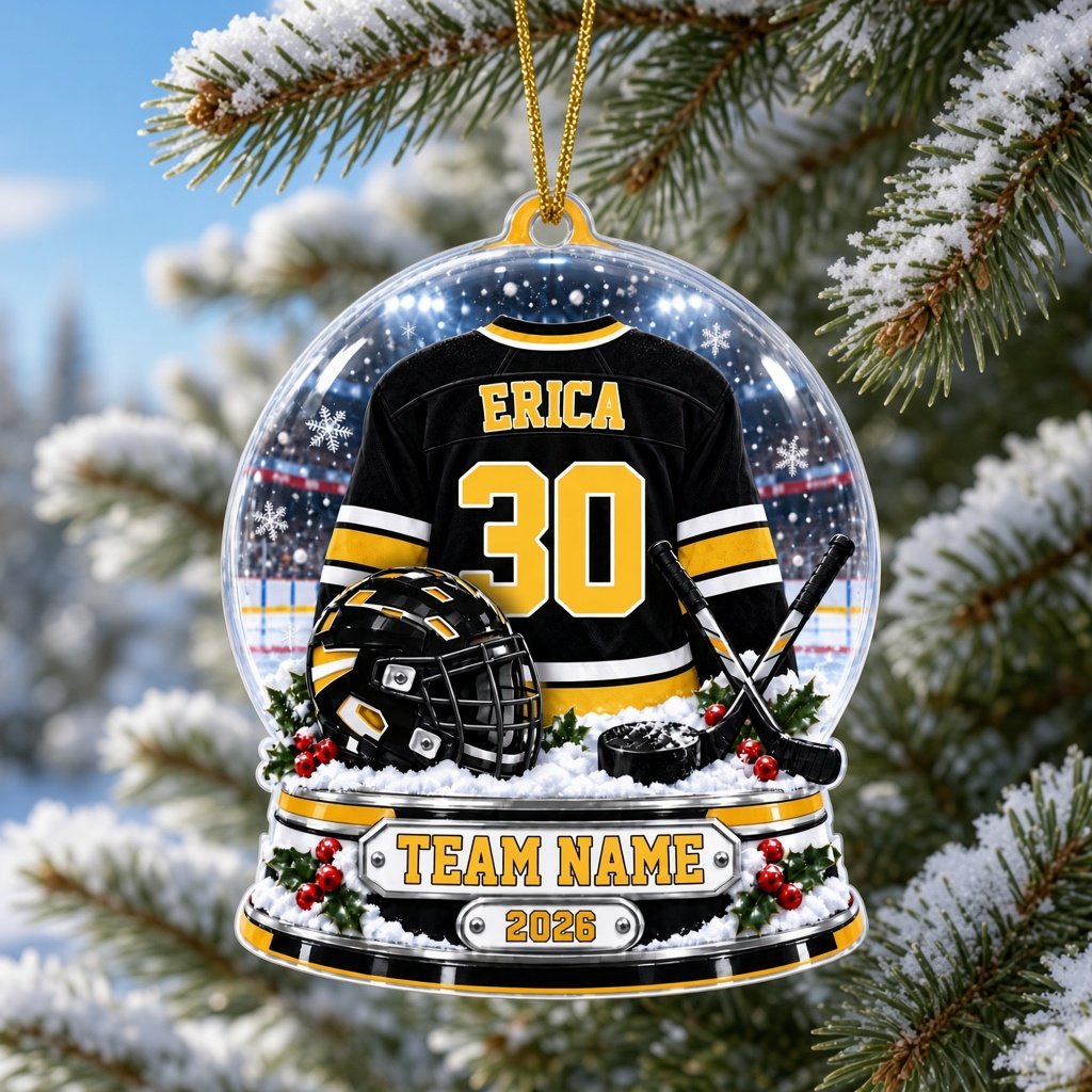 Acrylic snow globe ornament with hockey jersey, helmet, crossed sticks, puck, holly, and a silver plaque base.