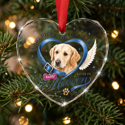 Personalized Dog Memorial Photo Collar Angel Wings Heart Glass Ornament