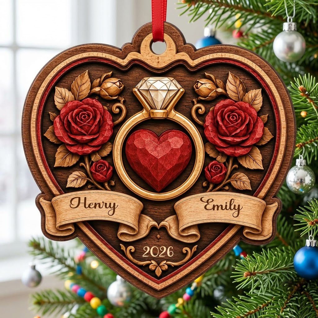 Heart-shaped wood ornament with a gold ring, red heart, red roses, and names Henry and Emily with year 2026.