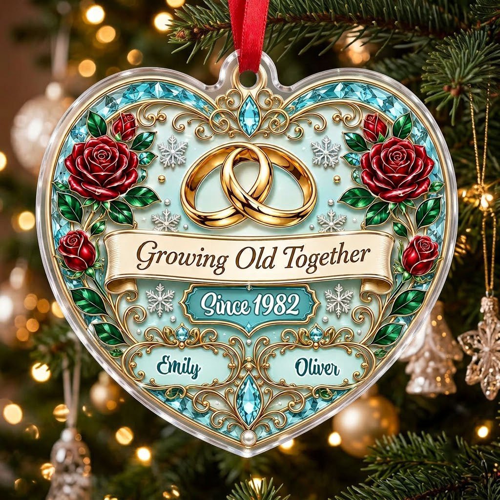 Heart-shaped clear acrylic ornament with golden rings, red roses, “Growing Old Together,” and custom names with a since 