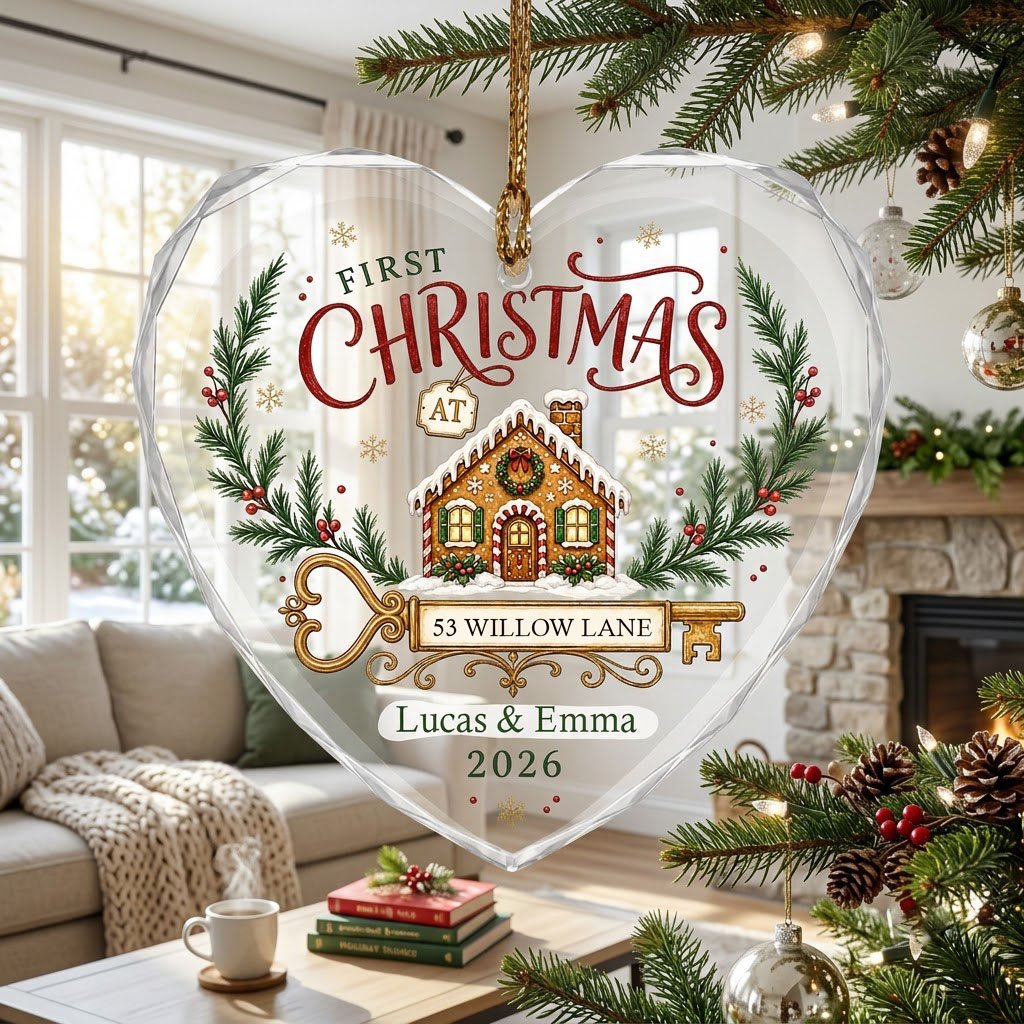 Personalized First Christmas at New Home Gingerbread Key Heart Glass Ornament