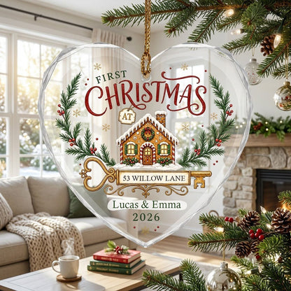 Personalized First Christmas at New Home Gingerbread Key Heart Glass Ornament