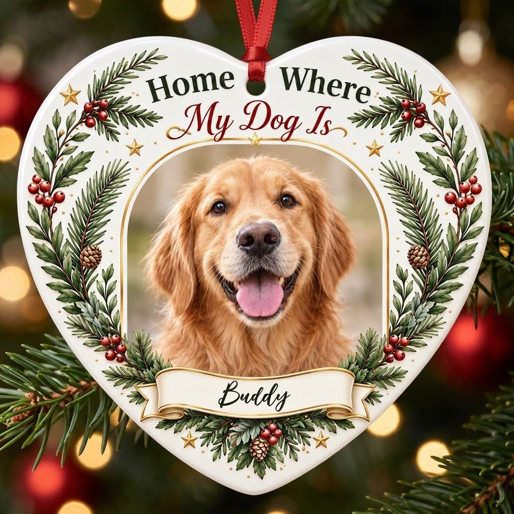 Heart ceramic ornament with gold arched dog photo frame, pine greenery, holly berries, and 'Home Where My Dog Is'.