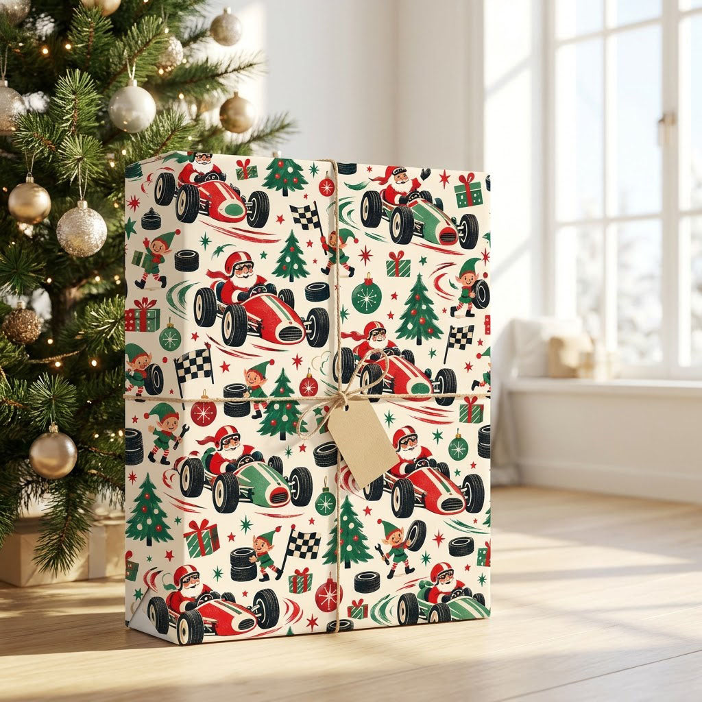Cream wrapping paper with Santa driving vintage race cars, elves with tools and flags, trees, gifts, tires, and stars.