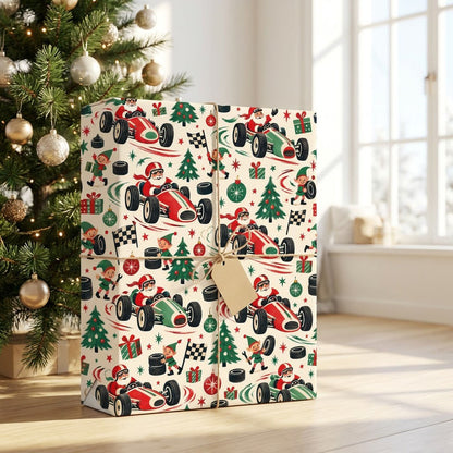 Cream wrapping paper with Santa driving vintage race cars, elves with tools and flags, trees, gifts, tires, and stars.