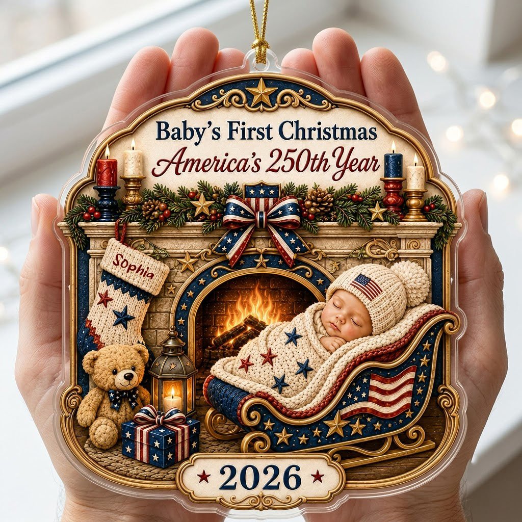 Personalized America 250th Baby's First Christmas Fireplace Acrylic Ornament, Custom Patriotic Newborn Keepsake