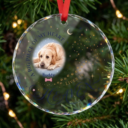 Personalized Dog Memorial Photo A Big Piece Of My Heart Lives In Heaven Round Glass Ornament