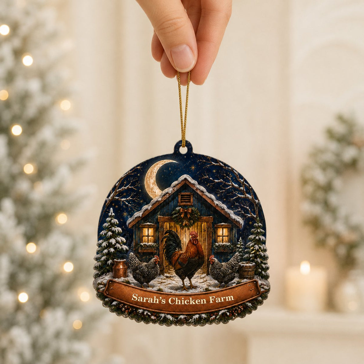 Personalized Moonlit Chicken Coop Wood Ornament, Custom Farmhouse Keepsake