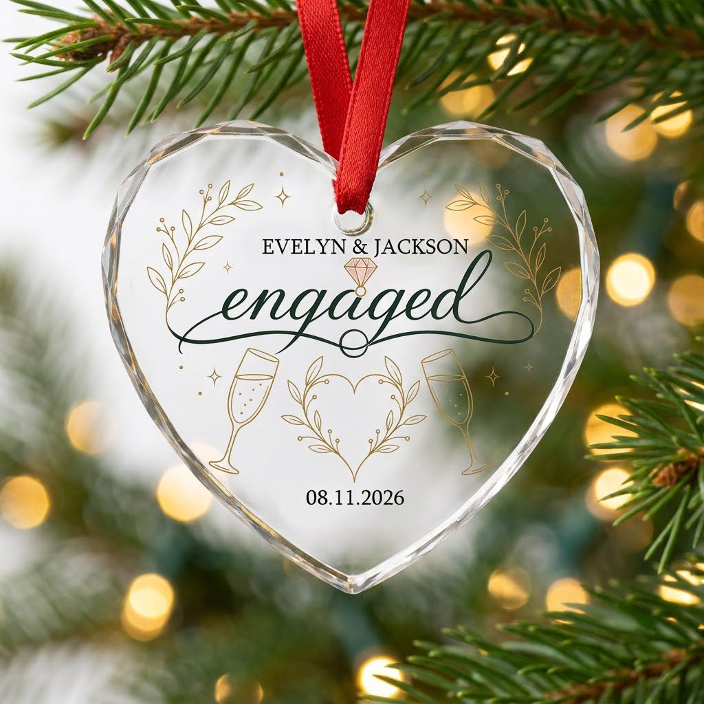 Personalized Engaged Champagne Toast Heart Glass Ornament